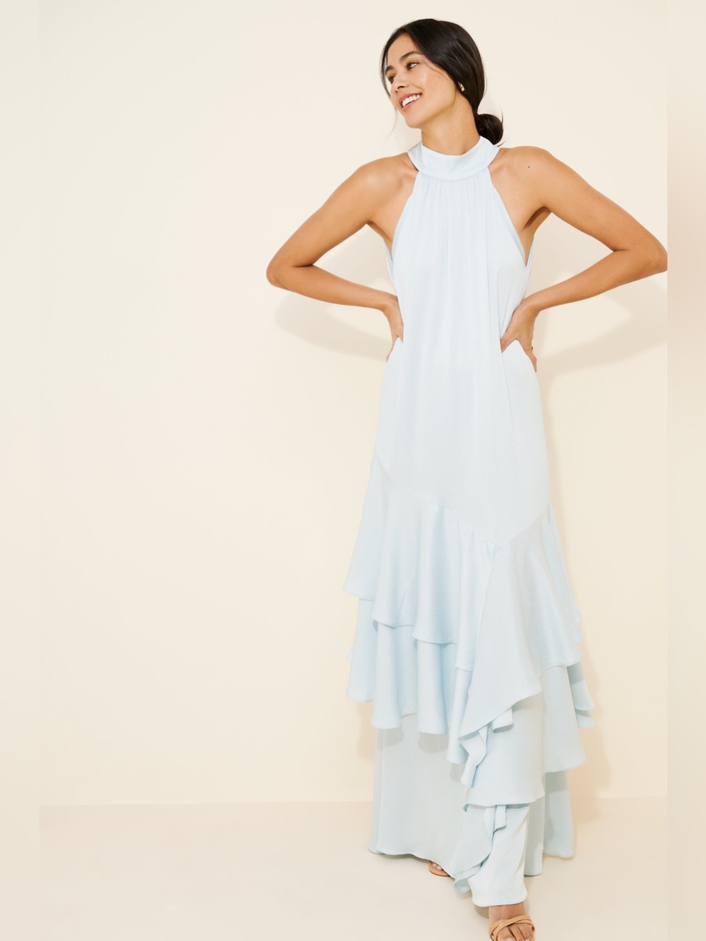 Elliatt Varella Halter Gown Dress Blue Tiered Ruffle Medium